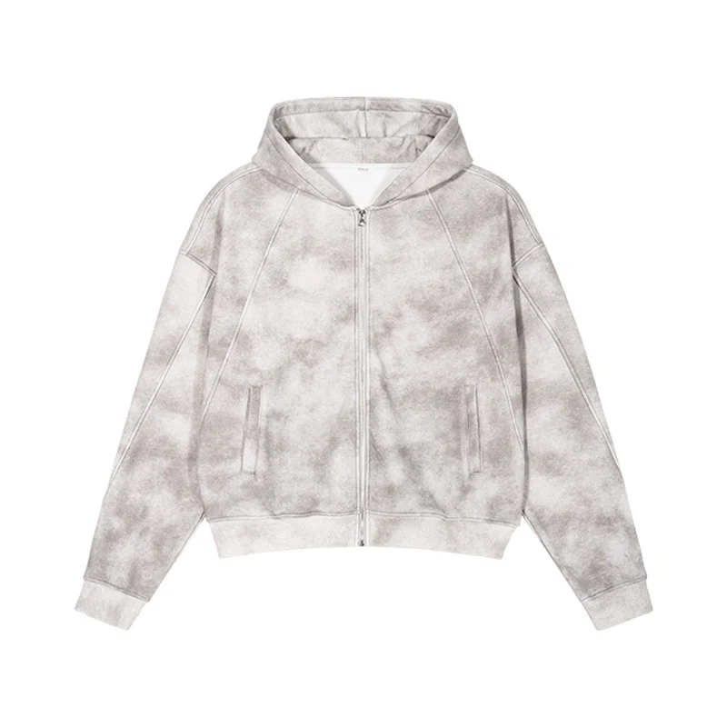 Unisex Kurz geschnittene Reißverschluss-Kapuzenjacke aus French-Terry mit Cloud-Dye-Effekt und Raglannähten Nord Taschen