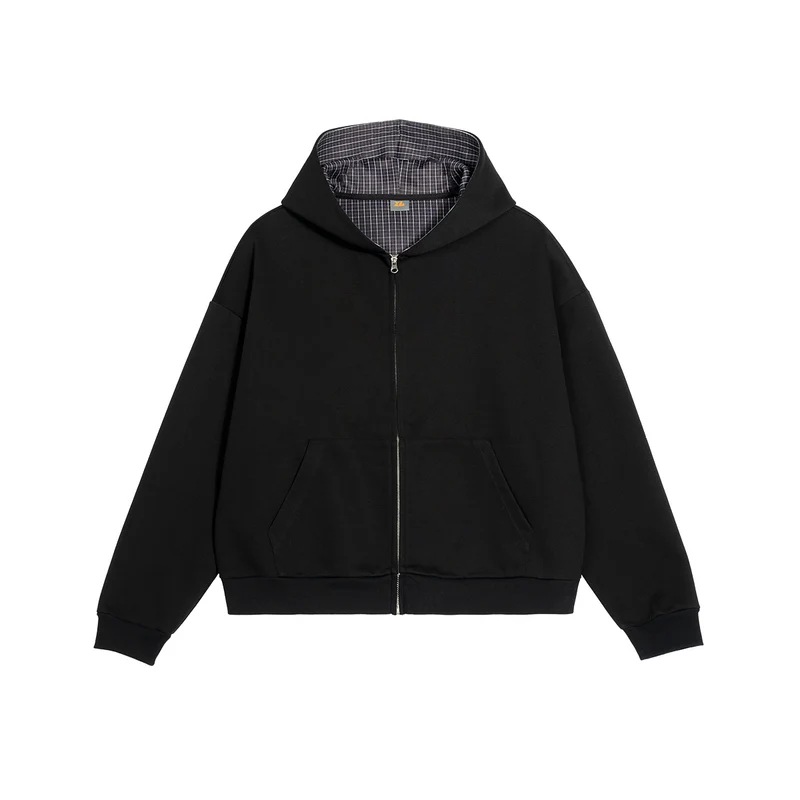 Unisex Kurz geschnittene Oversize-Kapuzenjacke mit durchgehendem Reißverschluss, kariert gefütterter Kapuze und Kängurutasche Nord Taschen
