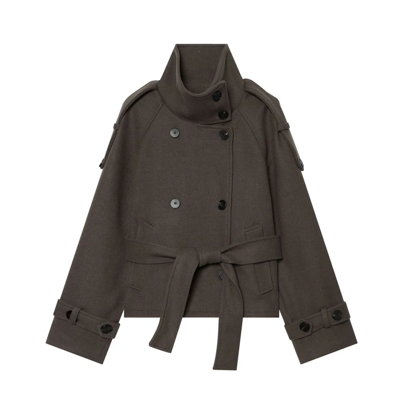Damen Kurze doppeltreihige Wollmix‑Capejacke mit hohem Stehkragen und Taillengürtel Nord Taschen