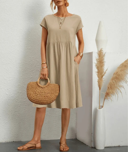Damen Baumwoll Leinen Midi Kleid