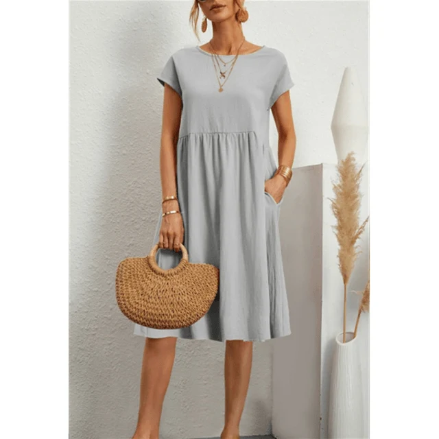 Damen Baumwoll Leinen Midi Kleid