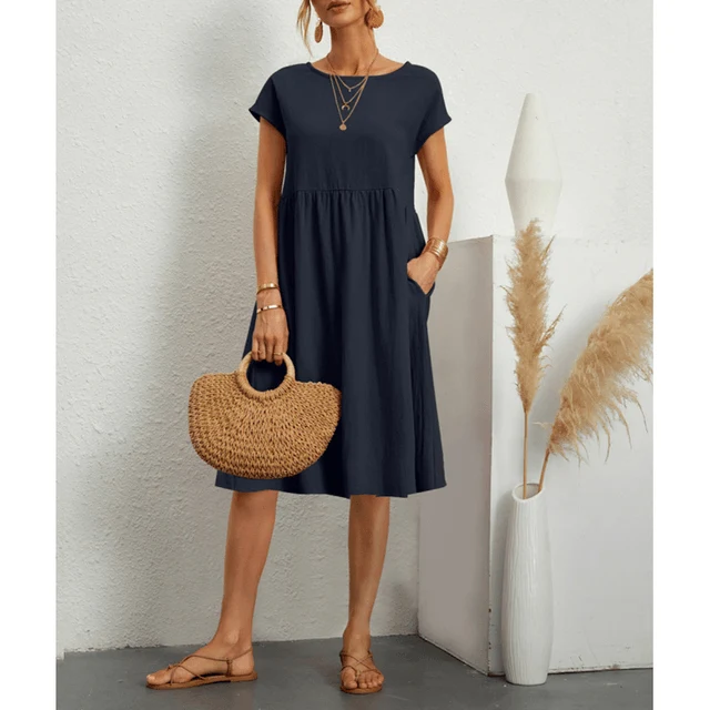 Damen Baumwoll Leinen Midi Kleid