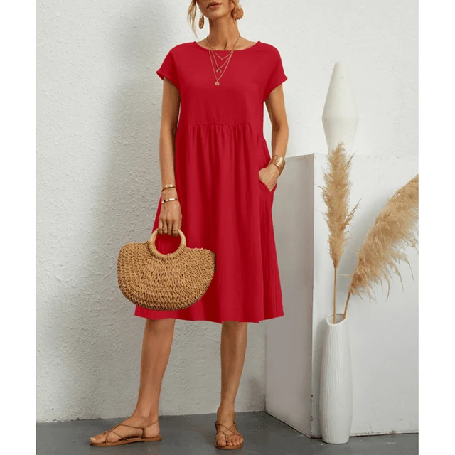 Damen Baumwoll Leinen Midi Kleid