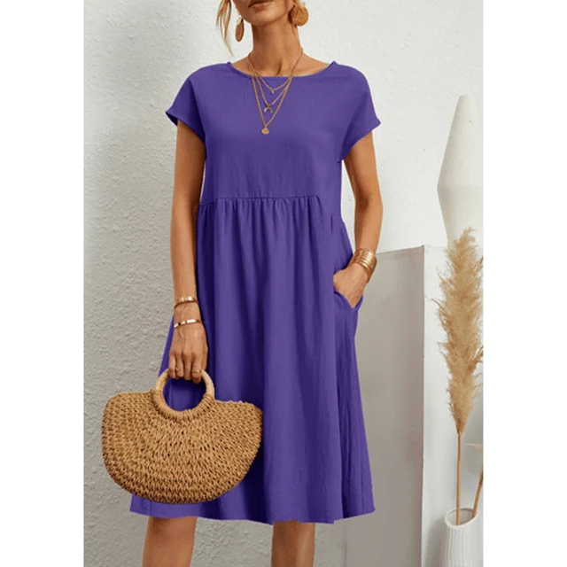 Damen Baumwoll Leinen Midi Kleid