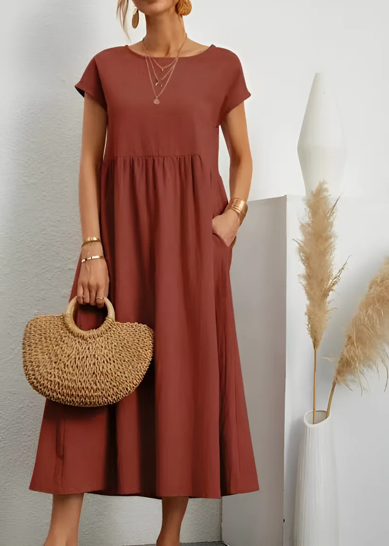 Damen Baumwoll Leinen Midi Kleid