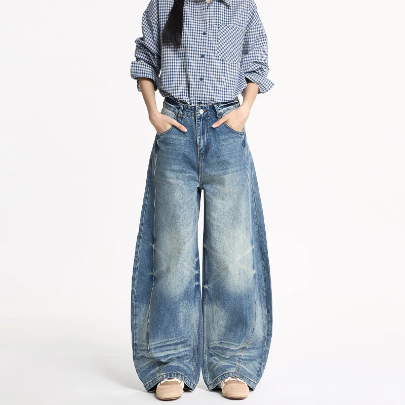 Damen Extraweite Balloon-Jeans im Palazzoschnitt mit markanten Teilungsnähten Nord Taschen