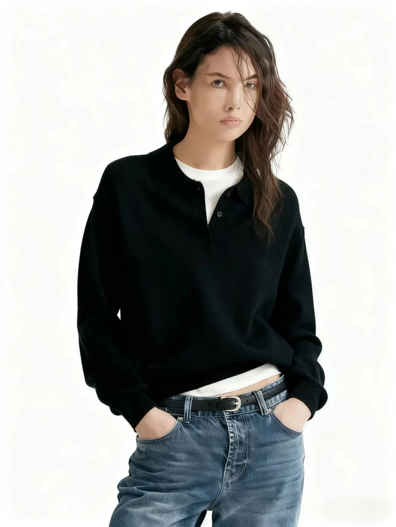 Damen Lässiger Polopullover aus weichem Strick Nord Taschen