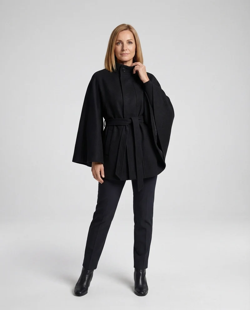 Damen Wollcape-Mantel mit Taillengürtel