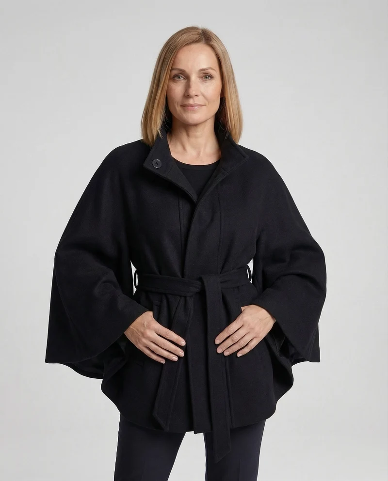 Damen Wollcape-Mantel mit Taillengürtel