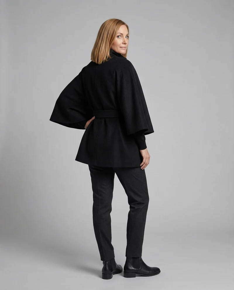 Damen Wollcape-Mantel mit Taillengürtel