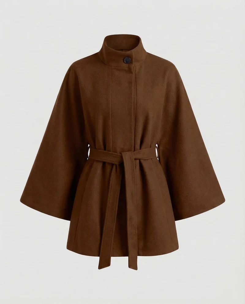 Damen Wollcape-Mantel mit Taillengürtel
