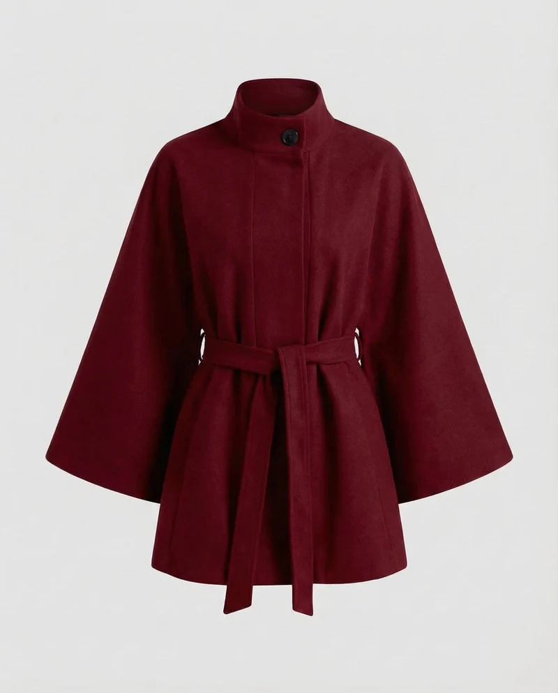 Damen Wollcape-Mantel mit Taillengürtel