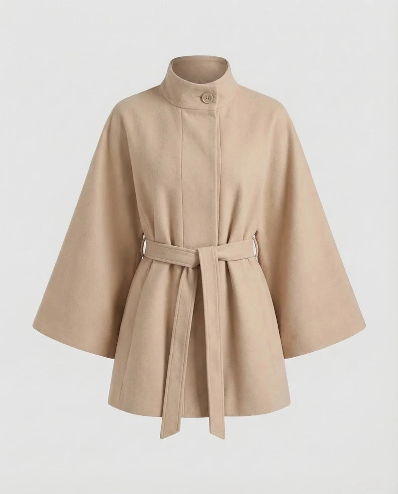 Damen Wollcape-Mantel mit Taillengürtel