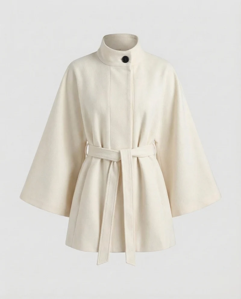 Damen Wollcape-Mantel mit Taillengürtel