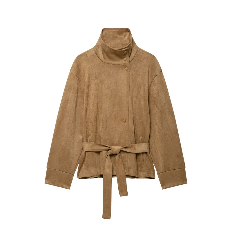 Damen Kurze Veloursleder-Utilityjacke mit hohem Stehkragen und Bindegürtel Nord Taschen