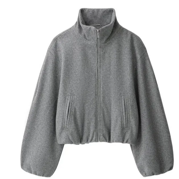 Damen Kurz geschnittene Wollmix-Jacke mit Stehkragen, Reißverschluss und Ballonärmeln Nord Taschen
