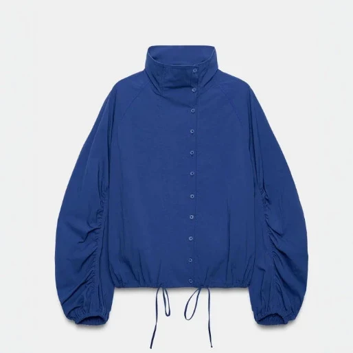 Damen Kurz geschnittene Wollmix-Jacke mit Stehkragen, Reißverschluss und Ballonärmeln Nord Taschen