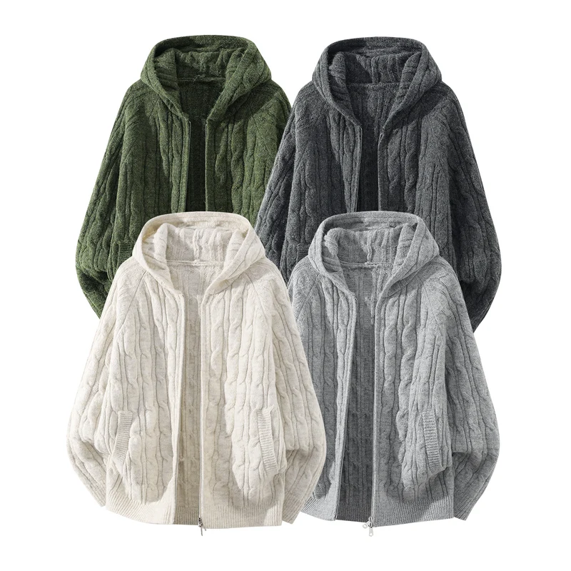 Damen Oversize Kapuzen-Strickjacke mit Zopfmuster und teilbarem Reißverschluss Nord Taschen