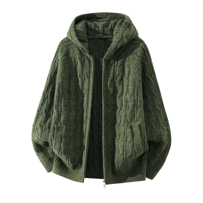 Damen Oversize Kapuzen-Strickjacke mit Zopfmuster und teilbarem Reißverschluss Nord Taschen