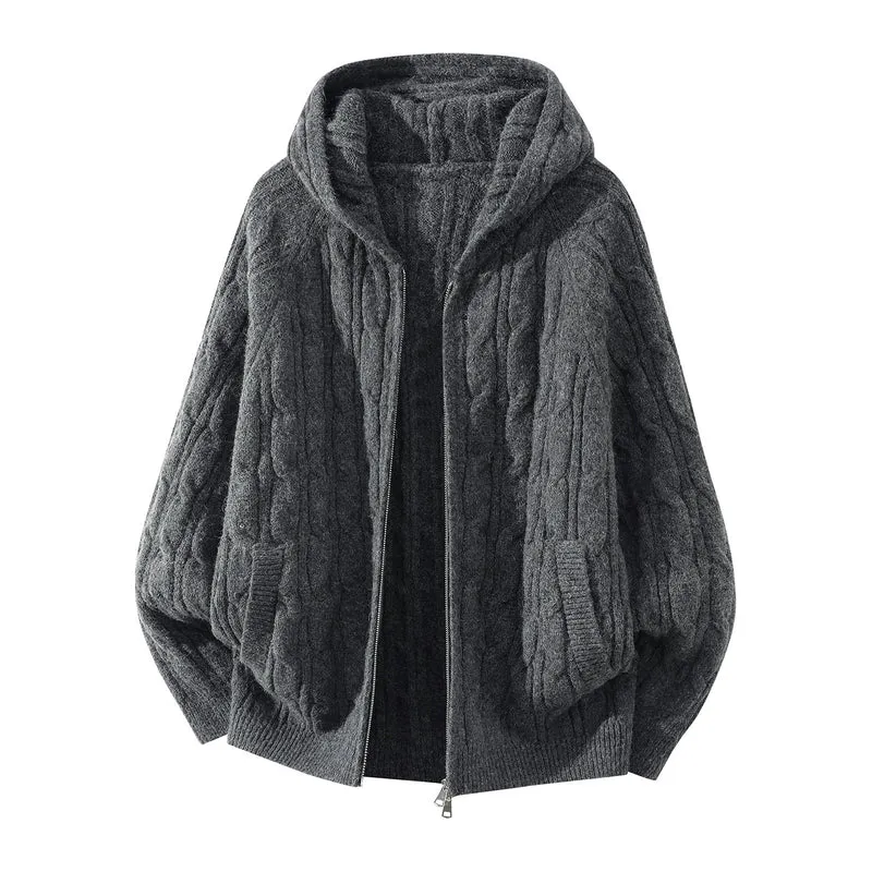 Damen Oversize Kapuzen-Strickjacke mit Zopfmuster und teilbarem Reißverschluss Nord Taschen