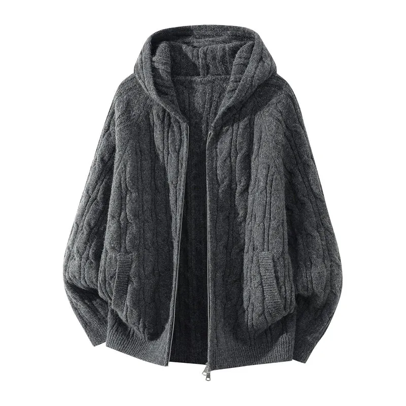 Damen Oversize Kapuzen-Strickjacke mit Zopfmuster und teilbarem Reißverschluss Nord Taschen