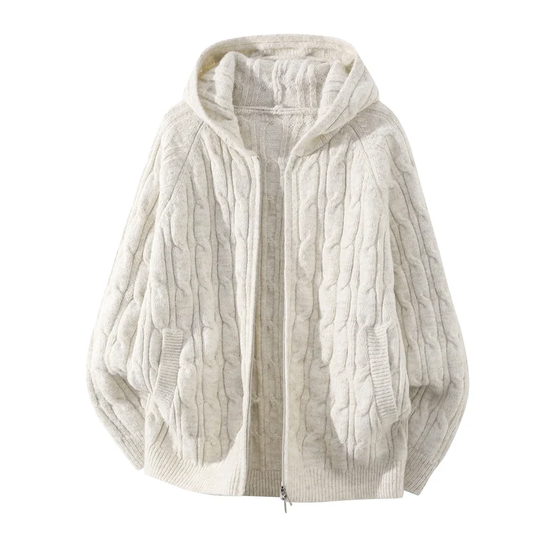 Damen Oversize Kapuzen-Strickjacke mit Zopfmuster und teilbarem Reißverschluss Nord Taschen