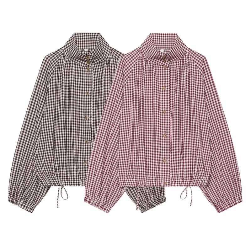 Damen Karierte Cropped‑Bluse mit Stehkragen, Tunnelzugsaum und Ballonärmeln Nord Taschen