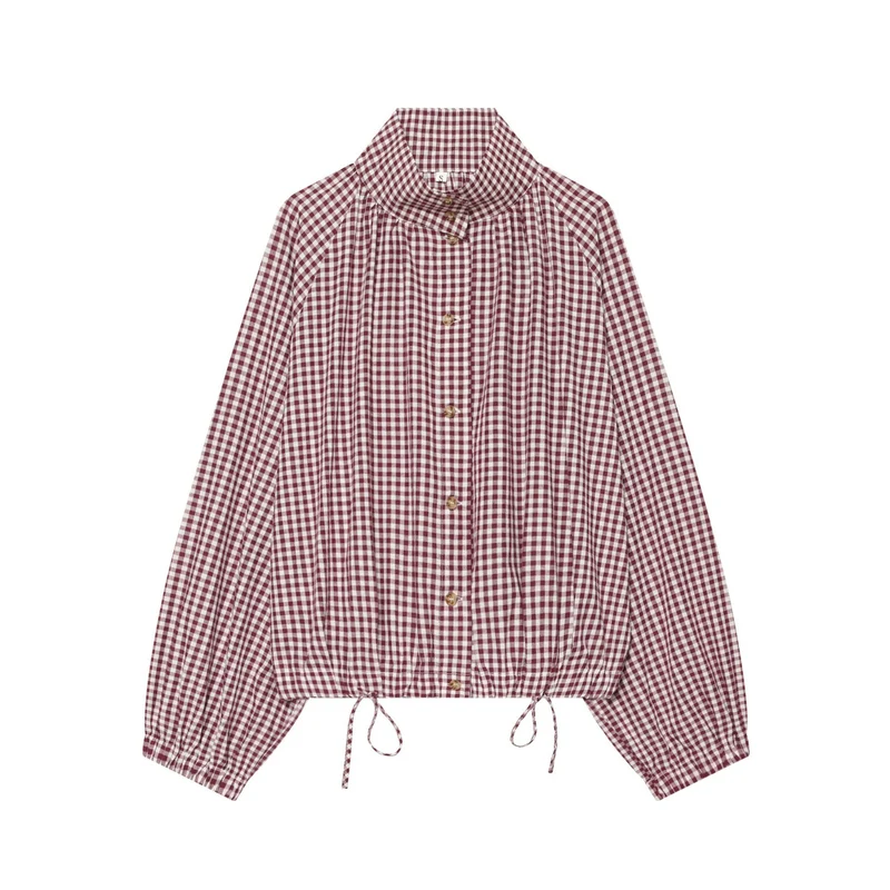 Damen Karierte Cropped‑Bluse mit Stehkragen, Tunnelzugsaum und Ballonärmeln Nord Taschen