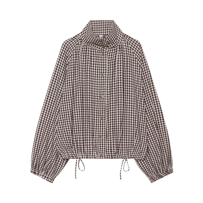 Damen Karierte Cropped‑Bluse mit Stehkragen, Tunnelzugsaum und Ballonärmeln Nord Taschen