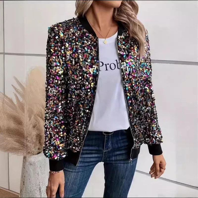 Damen Funktionsjacke mit glitzerndem Paillettendesign und bequemen Bündchen