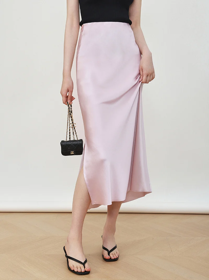 Damen Eleganter Hochtaillierter Satin-Midirock Nord Taschen