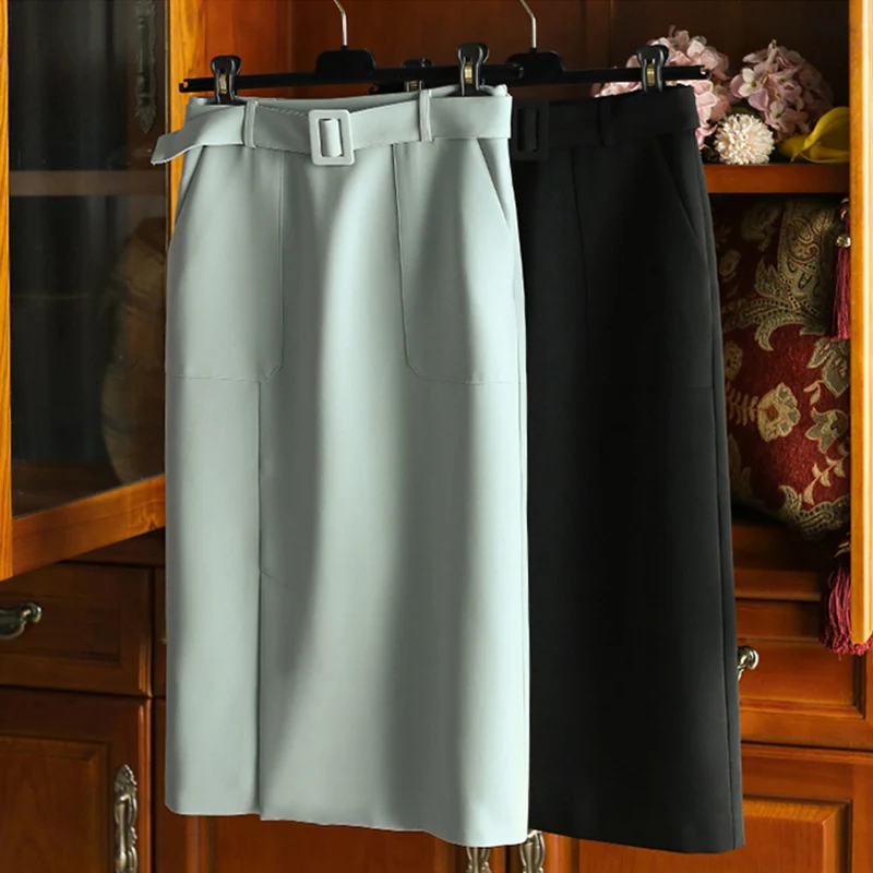 Damen Eleganter High-Waist Bleistiftrock mit Gürtel Nord Taschen