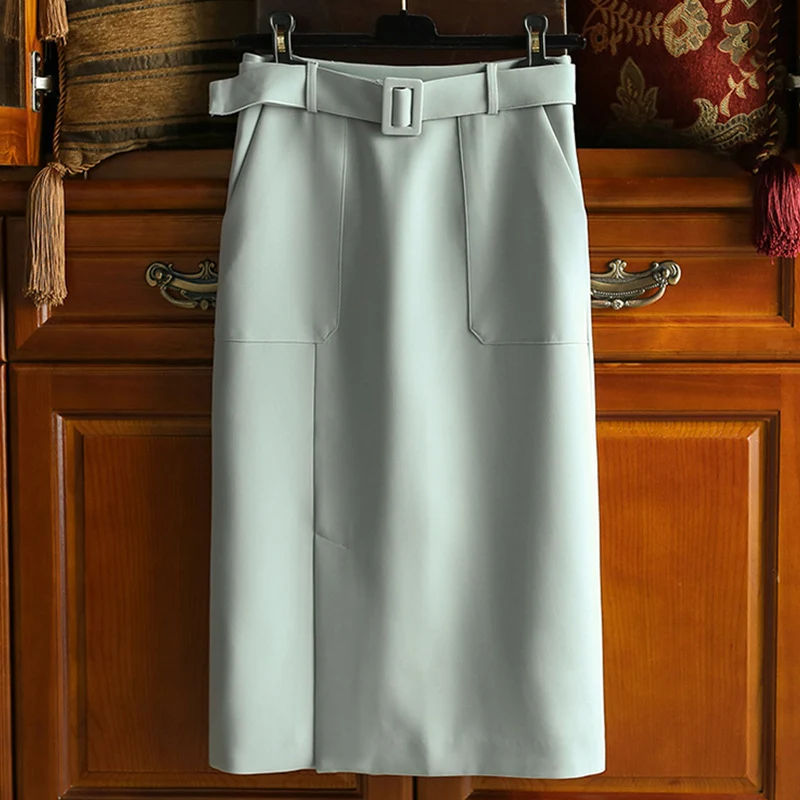 Damen Eleganter High-Waist Bleistiftrock mit Gürtel Nord Taschen