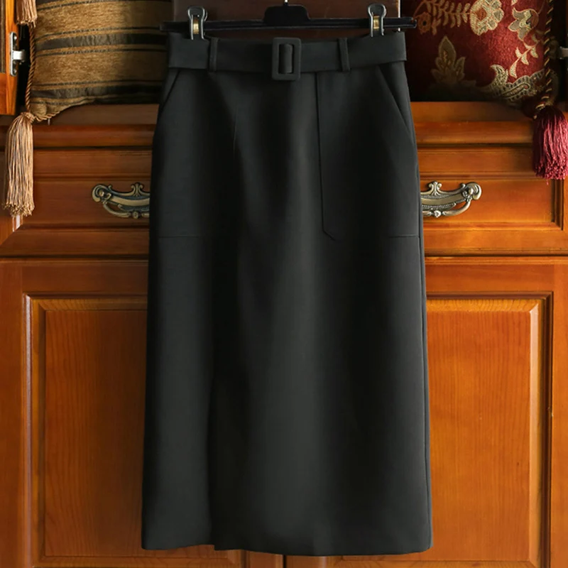 Damen Eleganter High-Waist Bleistiftrock mit Gürtel Nord Taschen