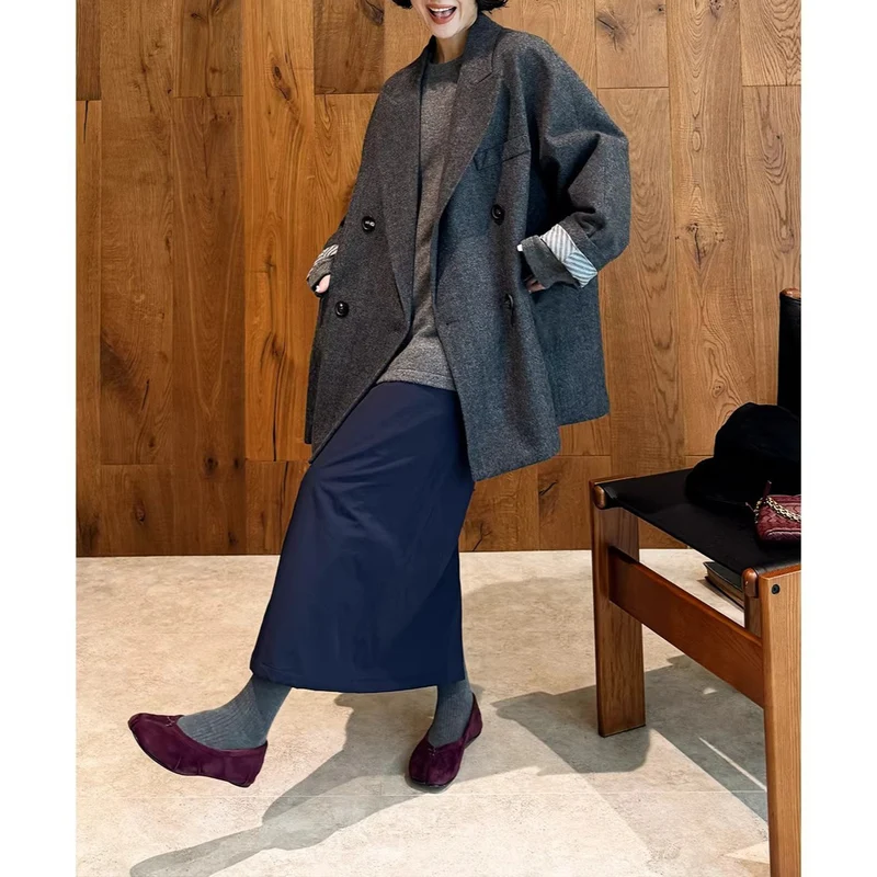 Damen Eleganter Doppelreiher-Wollmantel Nord Taschen