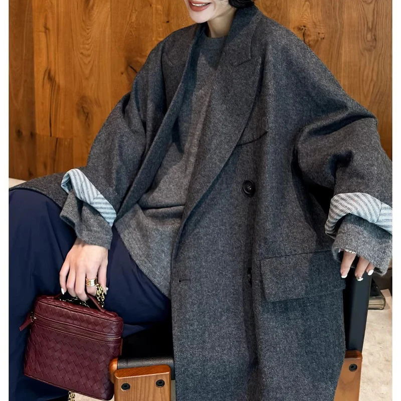 Damen Eleganter Doppelreiher-Wollmantel Nord Taschen