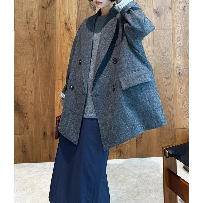 Damen Eleganter Doppelreiher-Wollmantel Nord Taschen