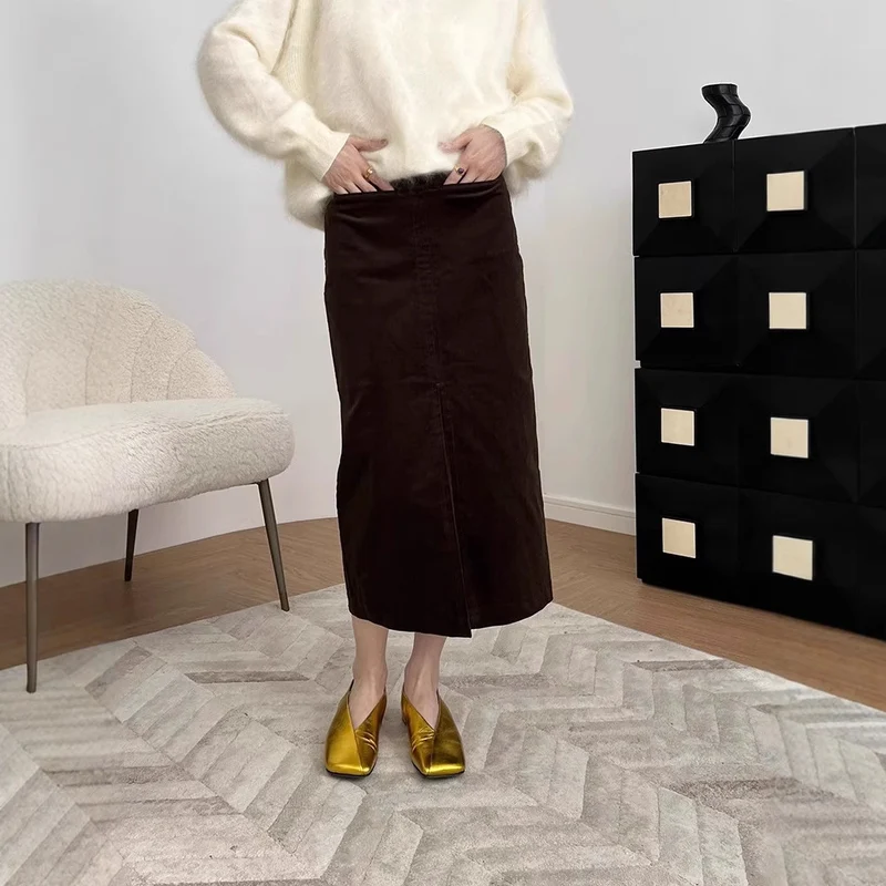 Damen Eleganter Cord Midi-Rock mit Schlitz Nord Taschen
