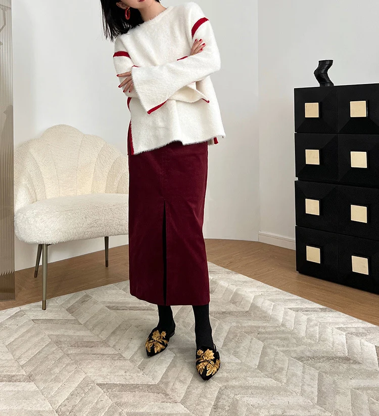 Damen Eleganter Cord Midi-Rock mit Schlitz Nord Taschen