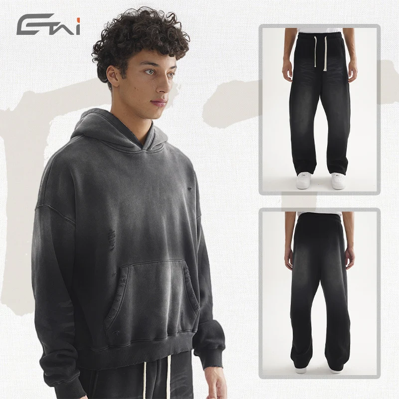 Herren Weites Distressed-Sweatset mit verkürztem Kapuzenpullover und baggy Jogginghose Nord Taschen