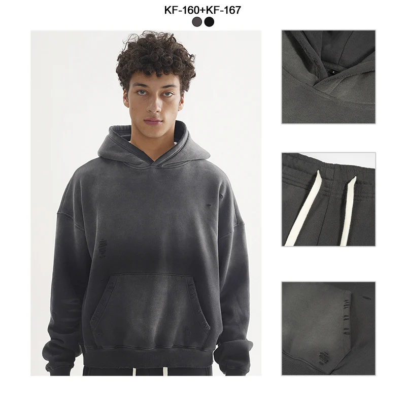 Herren Weites Distressed-Sweatset mit verkürztem Kapuzenpullover und baggy Jogginghose Nord Taschen