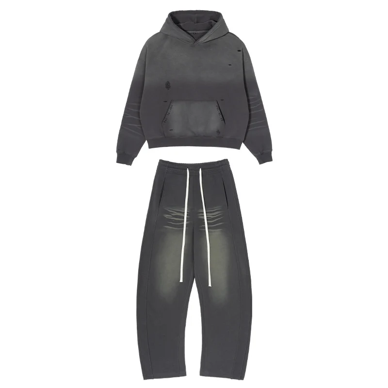 Herren Weites Distressed-Sweatset mit verkürztem Kapuzenpullover und baggy Jogginghose Nord Taschen