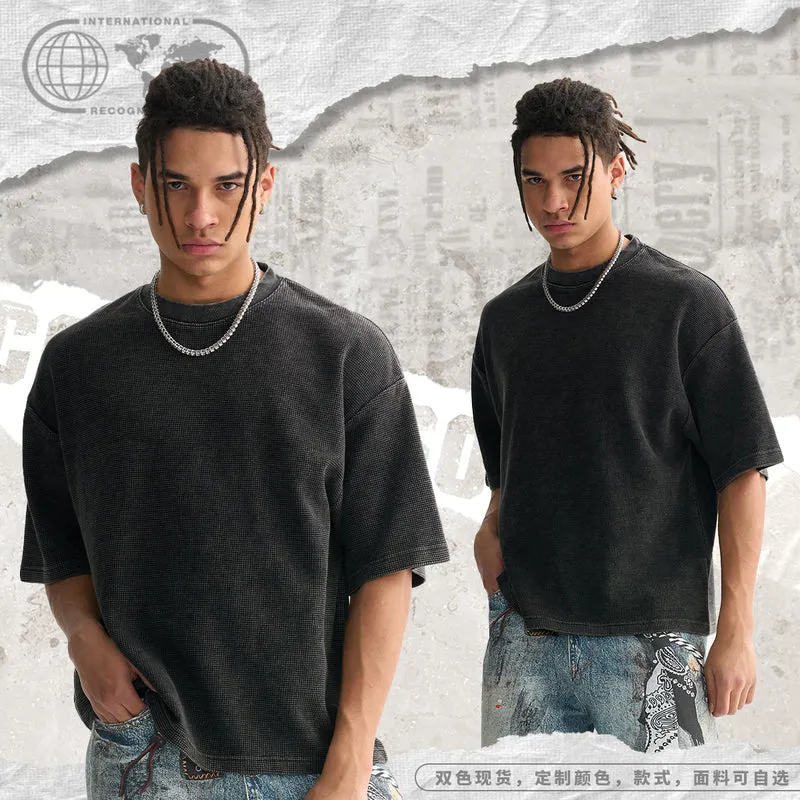 Herren Oversize Waffle-Struktur T-Shirt mit kurzem Arm und geripptem Rundhals Nord Taschen