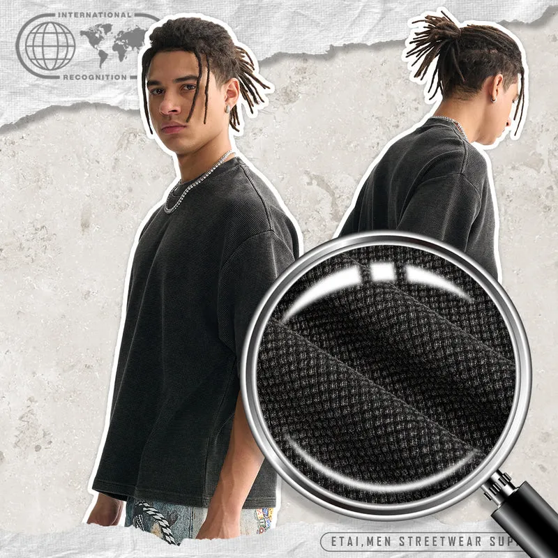 Herren Oversize Waffle-Struktur T-Shirt mit kurzem Arm und geripptem Rundhals Nord Taschen