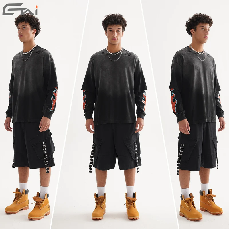 Herren Oversize-Langarmshirt mit doppeltem Lagenlook und Used-Details Nord Taschen