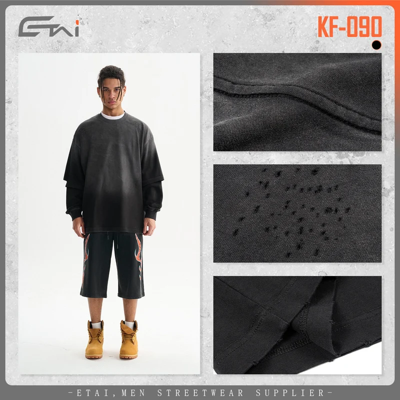 Herren Oversize-Langarmshirt mit doppeltem Lagenlook und Used-Details Nord Taschen