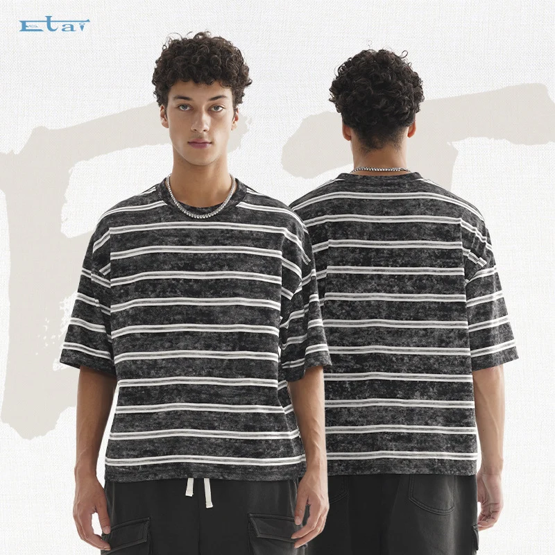 Herren Oversize Kurzarmshirt im verwaschenen Used-Look mit Blockstreifen Nord Taschen