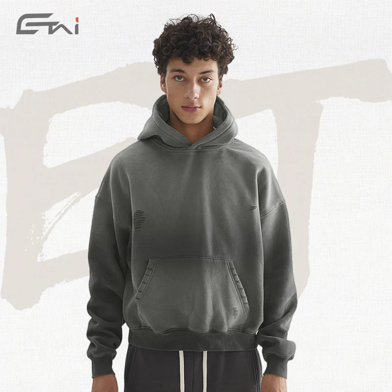 Herren Oversize-Kapuzenpullover mit verwaschenem Used-Effekt und Destroyed-Details Nord Taschen