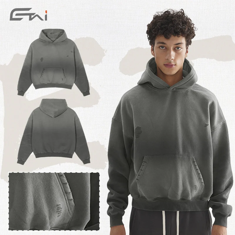 Herren Oversize-Kapuzenpullover mit verwaschenem Used-Effekt und Destroyed-Details Nord Taschen