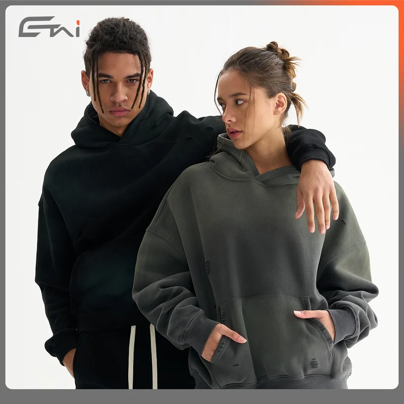 Herren Oversize-Kapuzenpullover im Used-Look mit Kängurutasche und Destroy-Details Nord Taschen